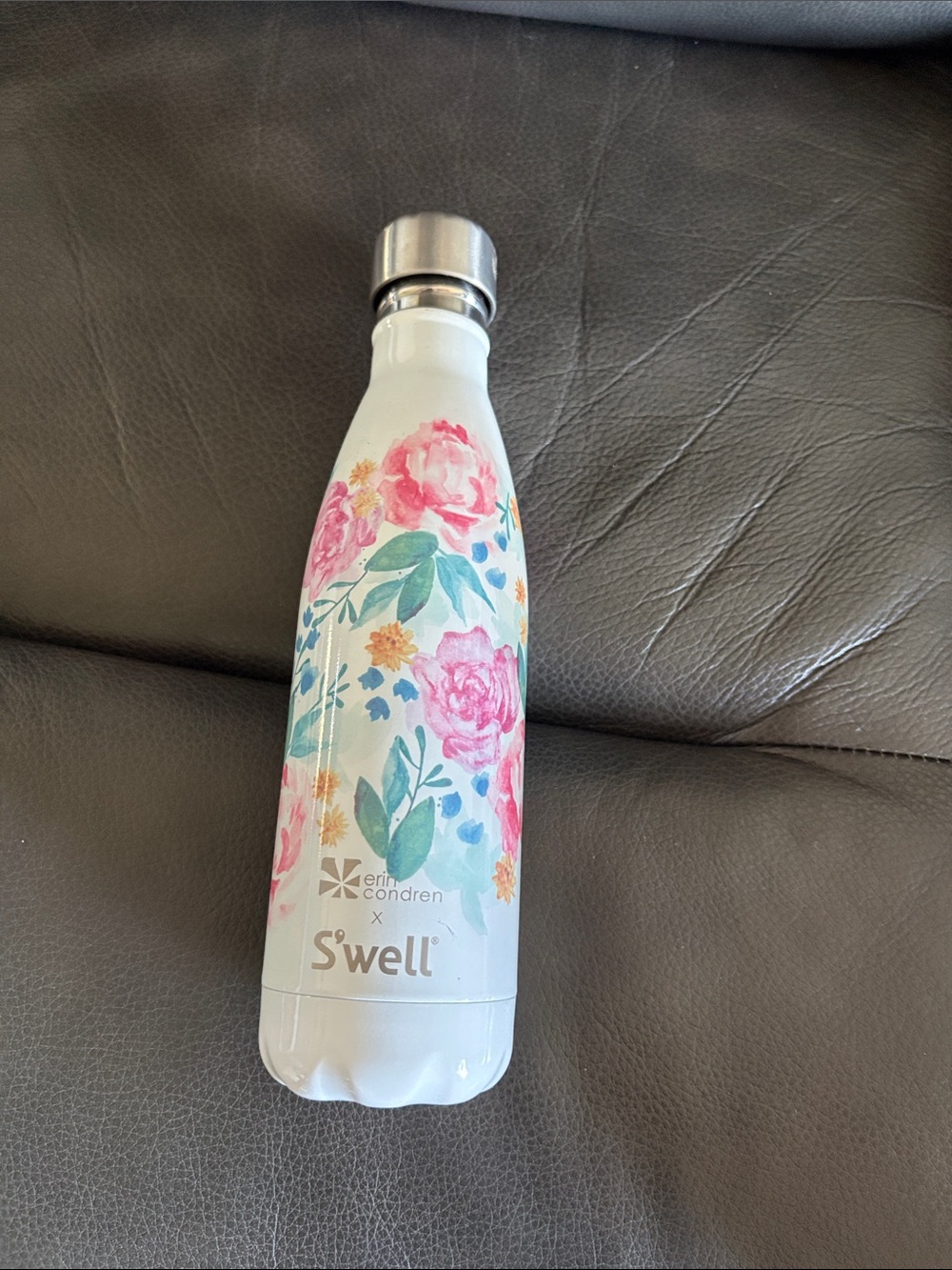 S'well White Bottle with Pink Floral and Green Leaf Accents